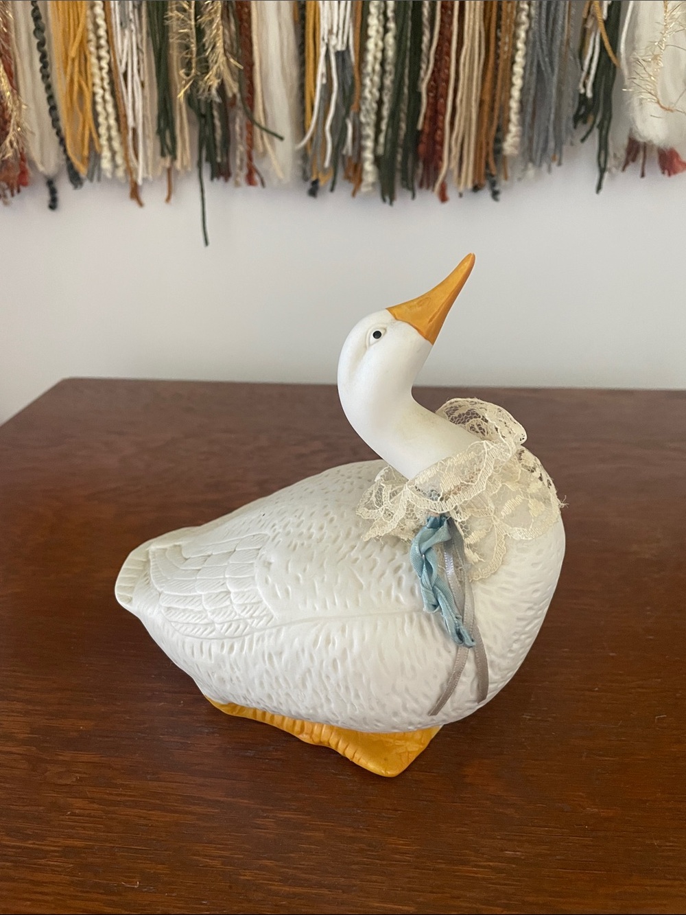 White Ceramic Goose Figurine with Lace Collar